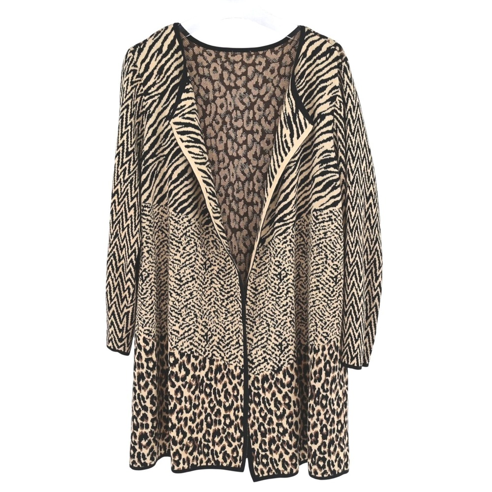 Vintage 90s Leopard + Zebra Print Long Open Front Cardigan Sweater Beige Black